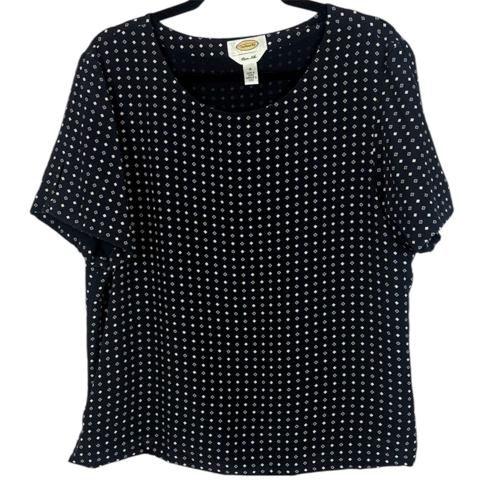 Vintage Talbots Classic Pure Silk Short Sleeve Geo Lined Blouse 16